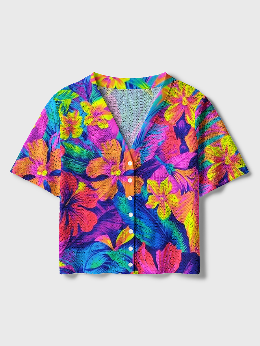 Retro 80s Tropical Floral Crochet Button Down Cardigan