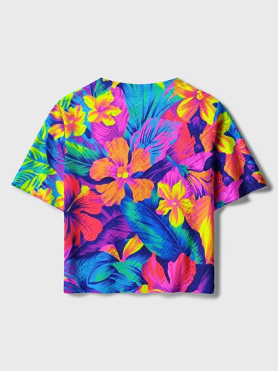 Retro 80s Tropical Floral Crochet Button Down Cardigan