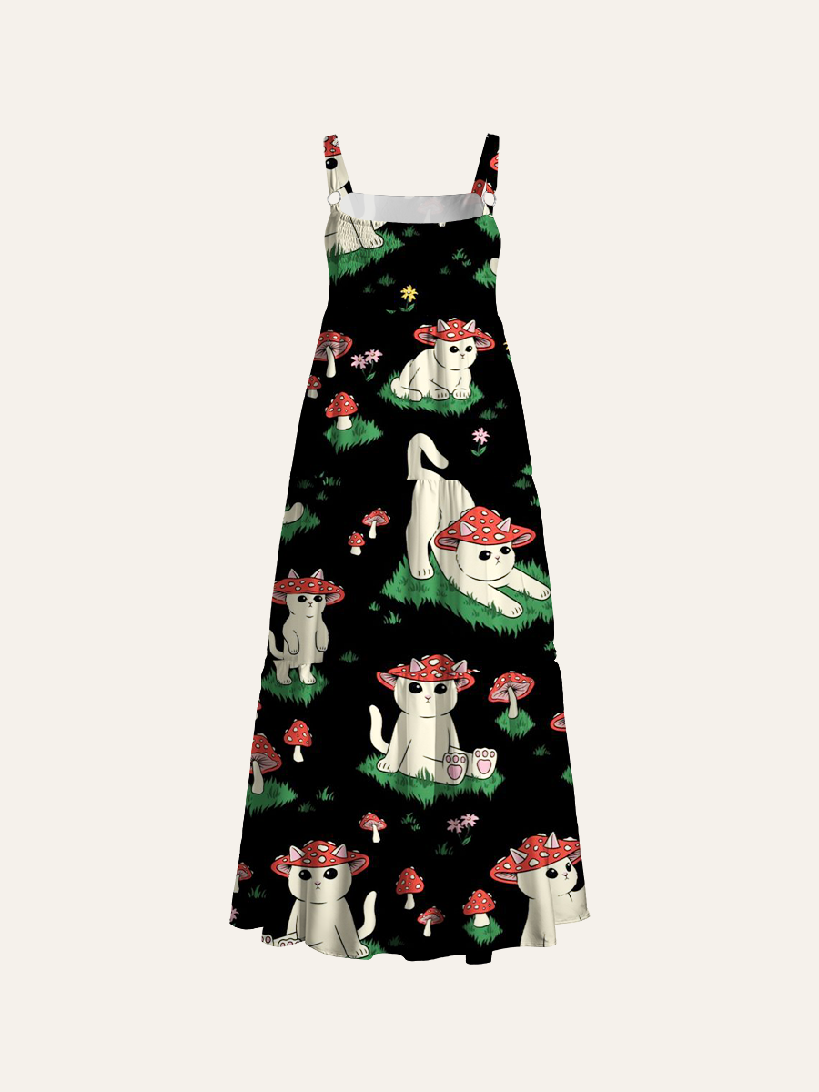 Mushroom Cats Adjustable Wide Straps Maxi Dress