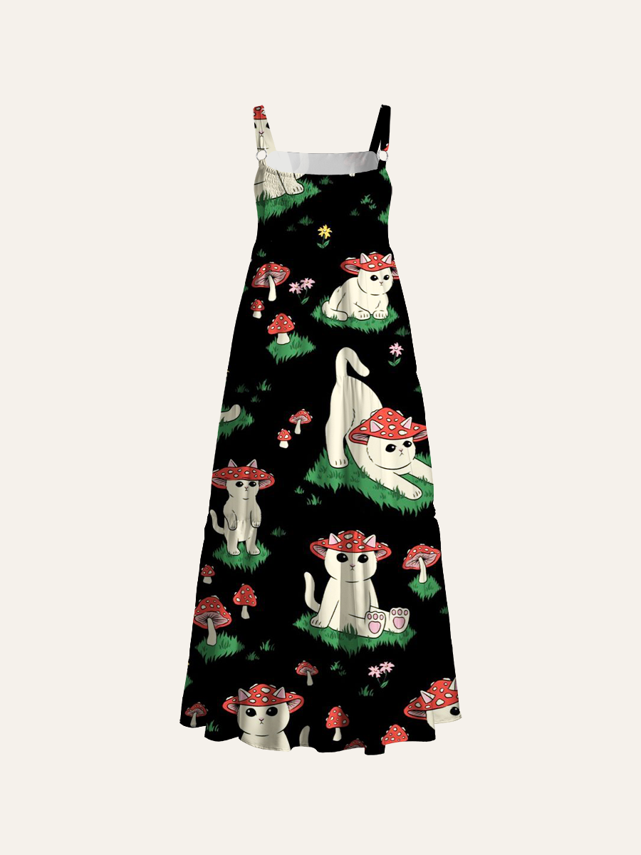 Mushroom Cats Adjustable Wide Straps Maxi Dress
