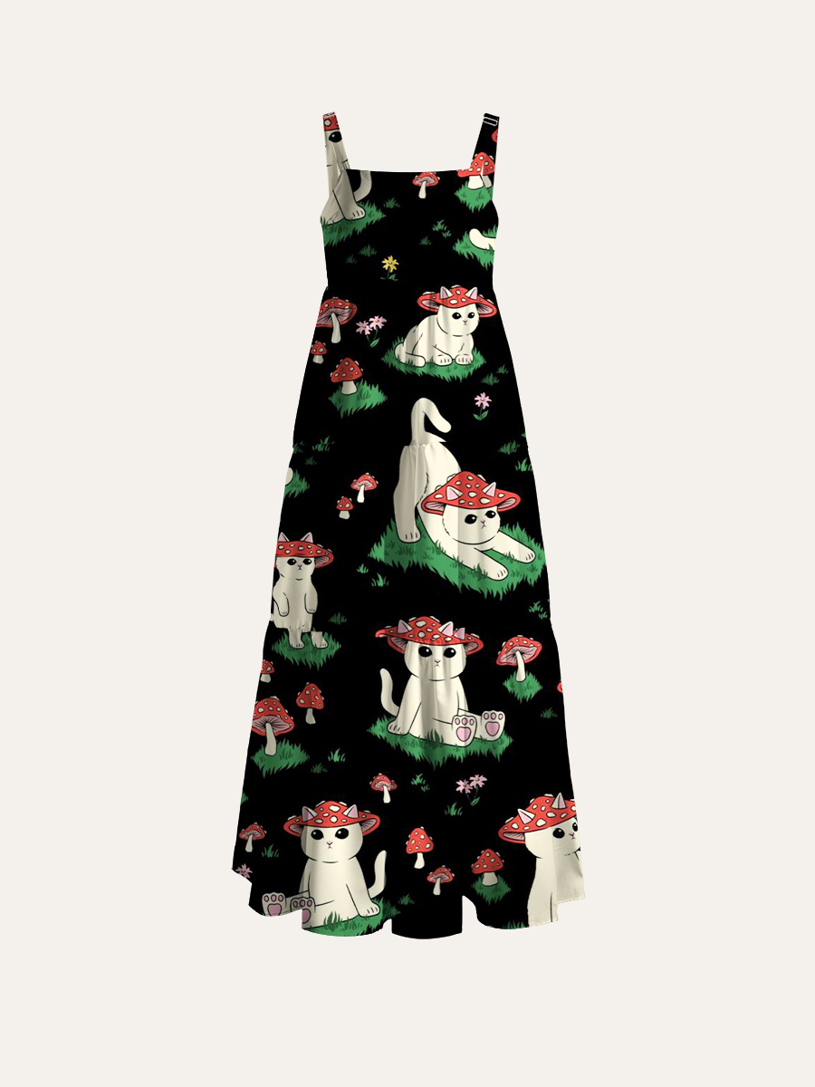 Mushroom Cats Adjustable Wide Straps Maxi Dress