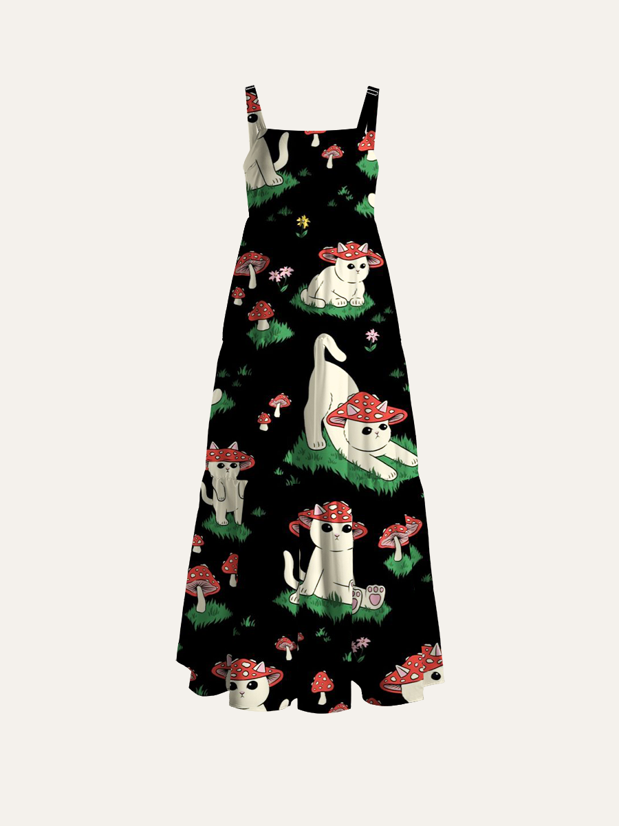 Mushroom Cats Adjustable Wide Straps Maxi Dress