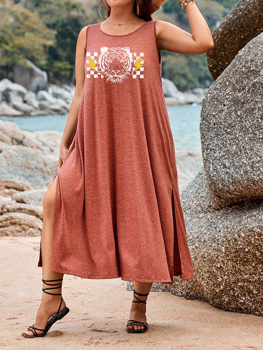 Checker Pattern Tiger Split Thigh Tank Dress