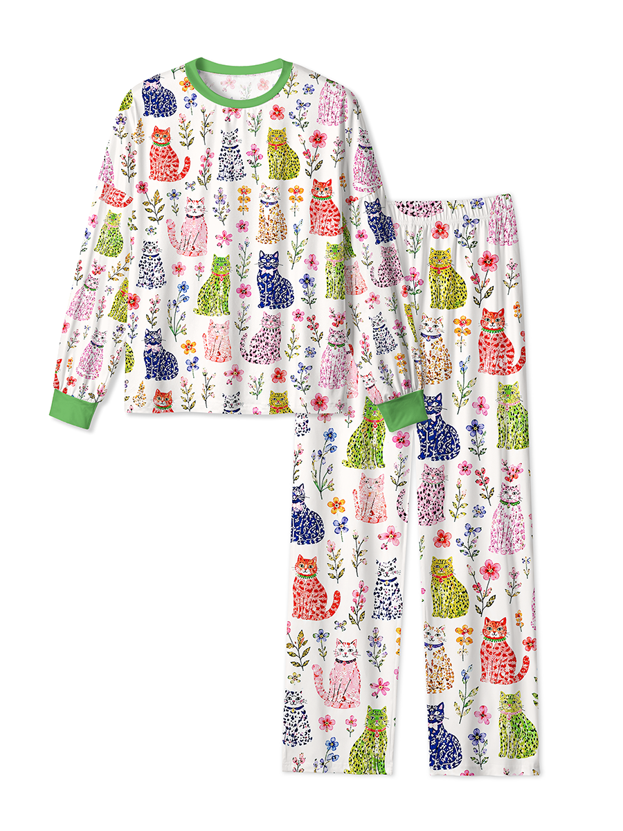Vintage Colorful Spot Cats & Wild Flowers Mixed Pajamas
