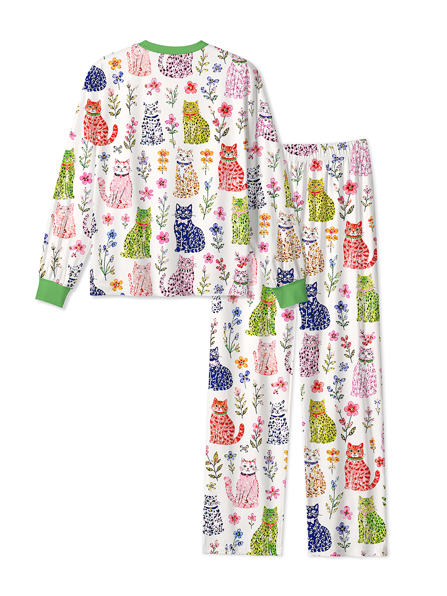 Vintage Colorful Spot Cats & Wild Flowers Mixed Pajamas