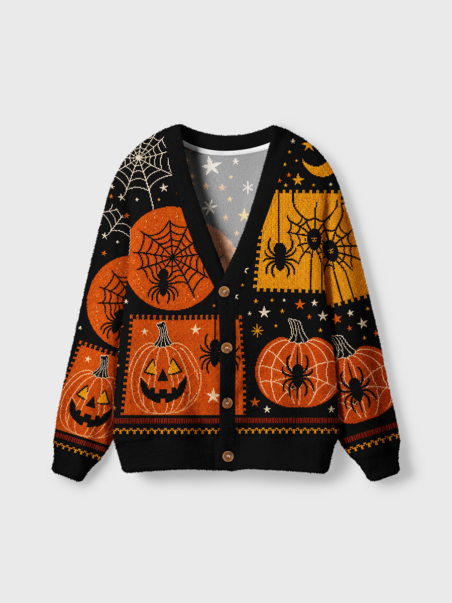Vintage Knitted Halloween Pumpkin Spider Cardigan Sweaters