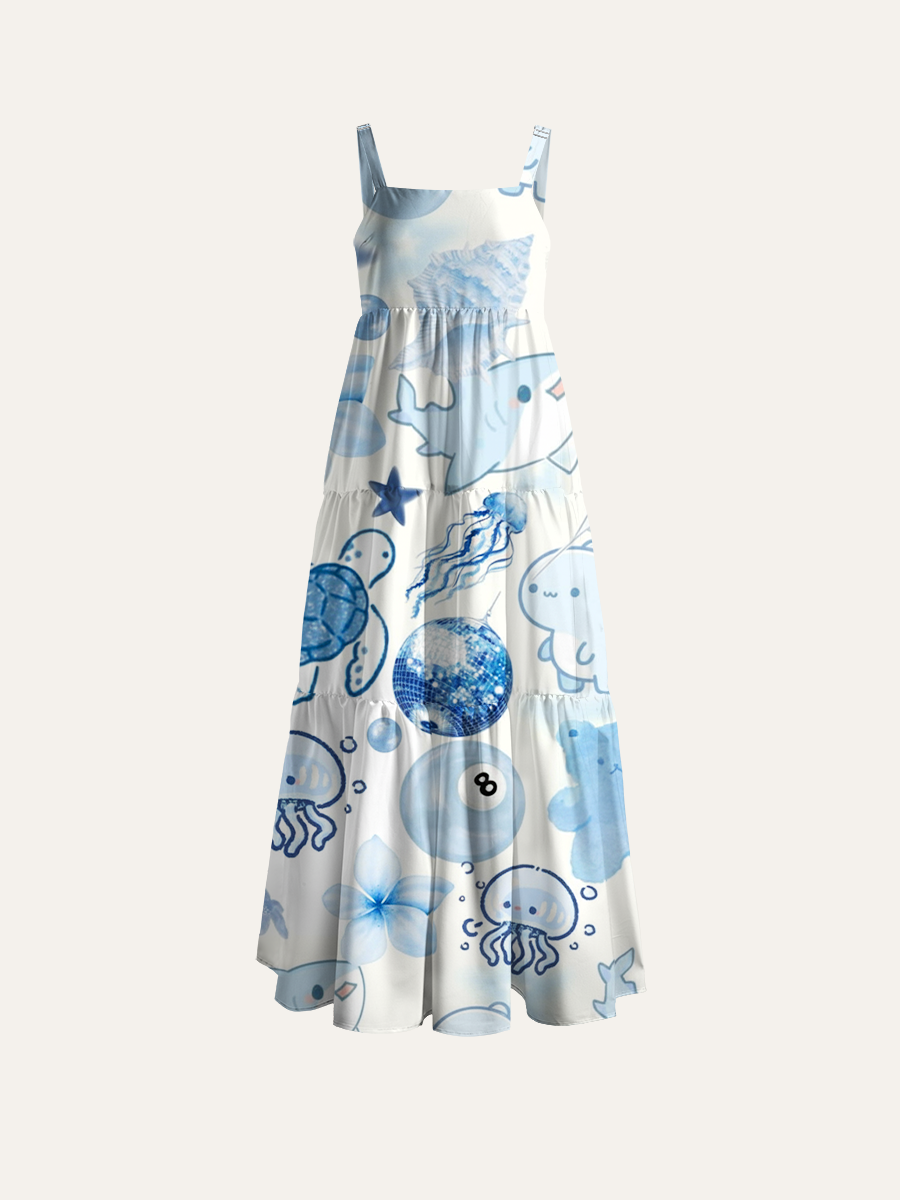 Whimsical Sea Creature Adjustable Wide Straps Maxi Dress