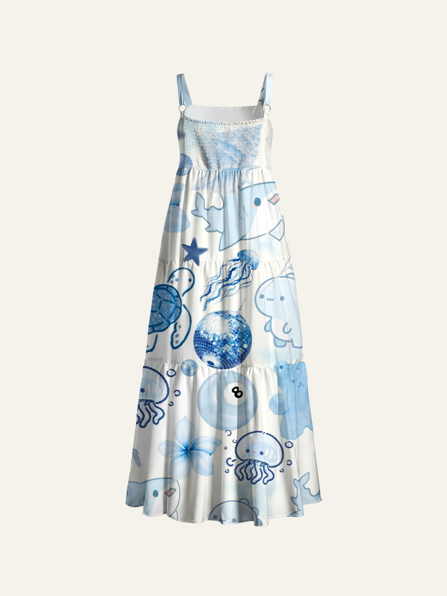 Whimsical Sea Creature Adjustable Wide Straps Maxi Dress