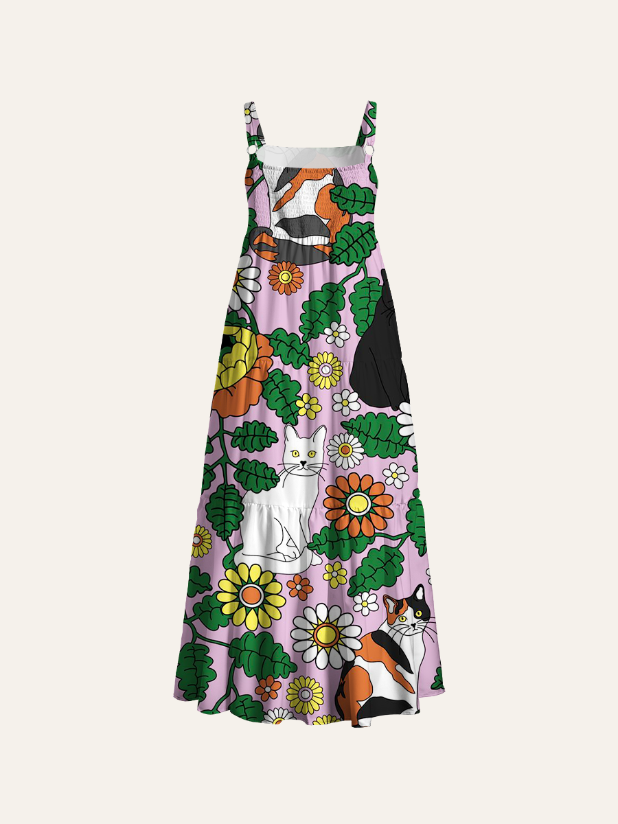Floral Cats Adjustable Wide Straps Maxi Dress