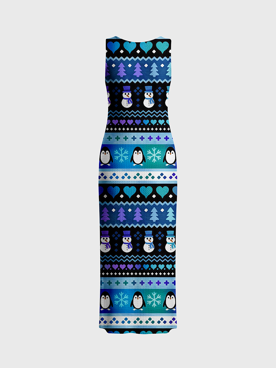 Horizontal Layered Fair Isle Bands Open Stitch Midi Dress