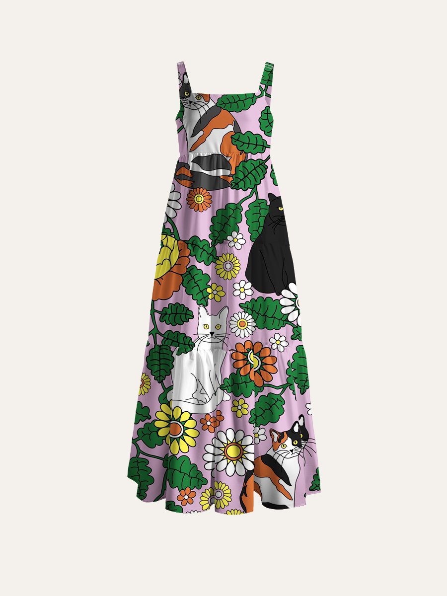 Floral Cats Adjustable Wide Straps Maxi Dress