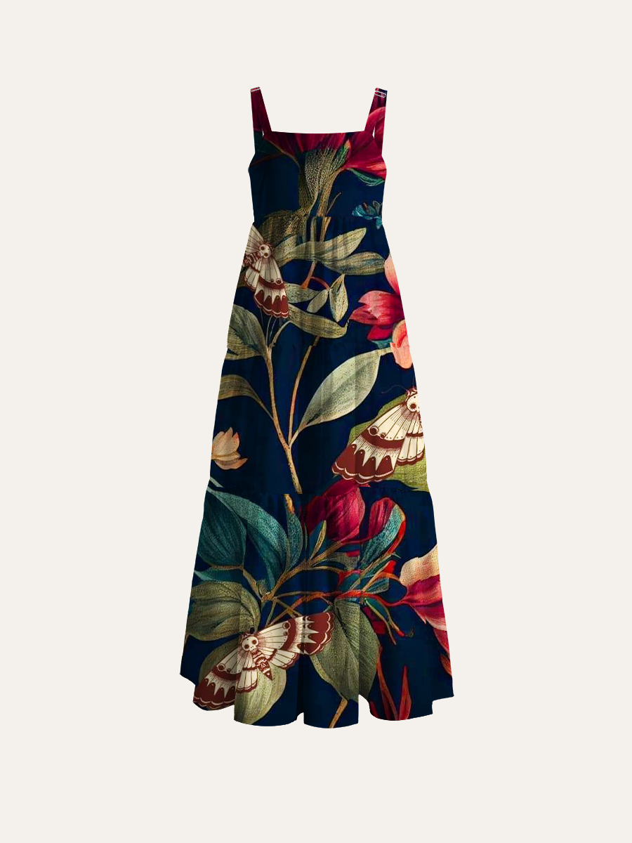 Dark Botanical Moth & Flower Adjustable Wide Straps Maxi Dress