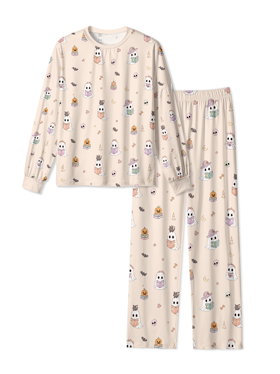 Vintage Cute Book‑Reading Ghost Halloween Mixed Pajamas