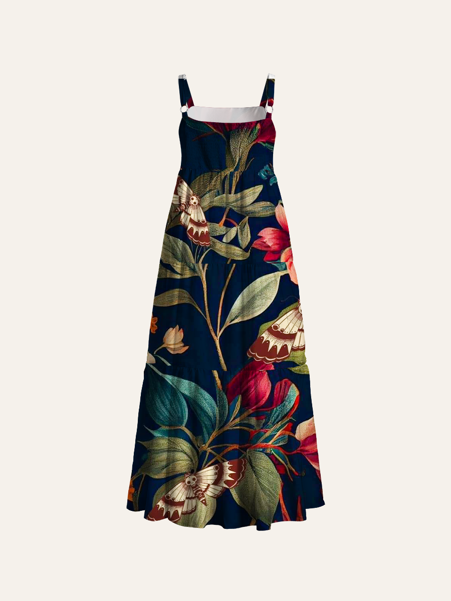 Dark Botanical Moth & Flower Adjustable Wide Straps Maxi Dress