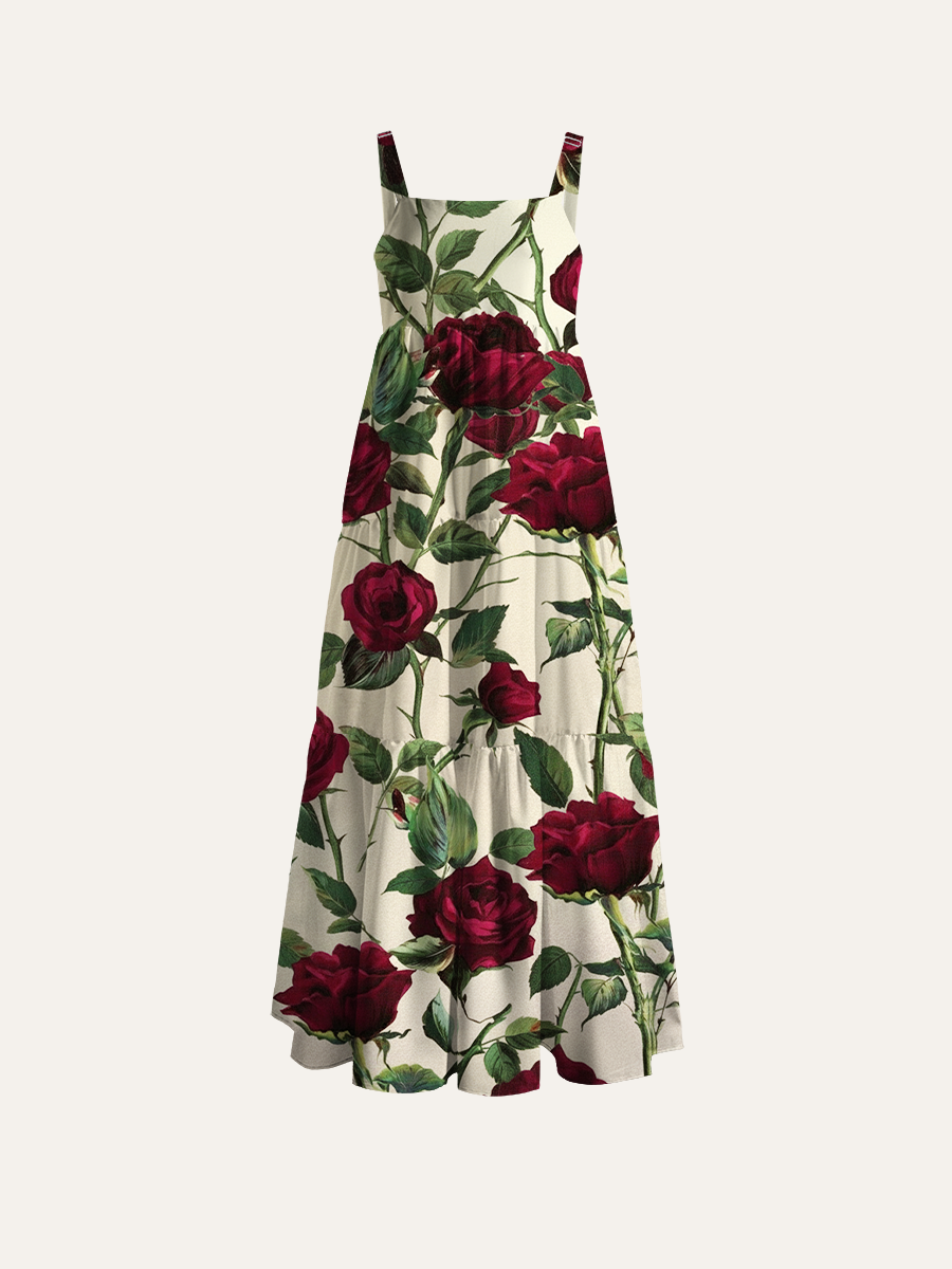 Vintage Burgundy Rose Adjustable Wide Straps Maxi Dress