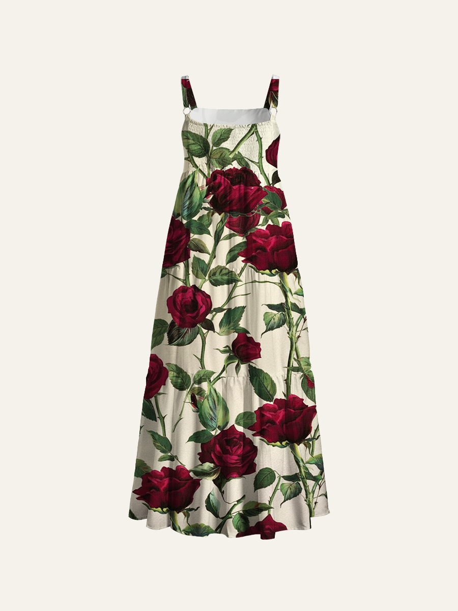 Vintage Burgundy Rose Adjustable Wide Straps Maxi Dress