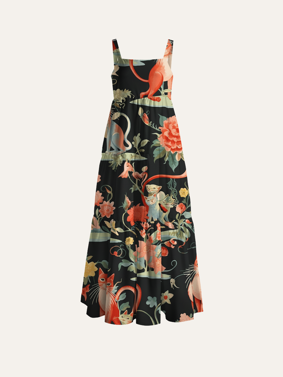 Whimsical Garden Cat Pattern Adjustable Wide Straps Maxi Dress