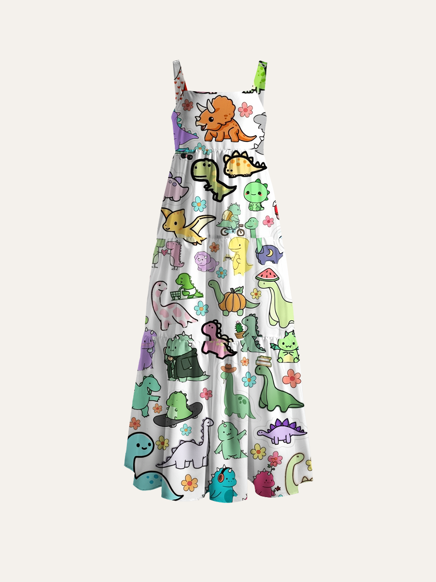 Cute Cartoon Dino Adjustable Wide Straps Maxi Dress