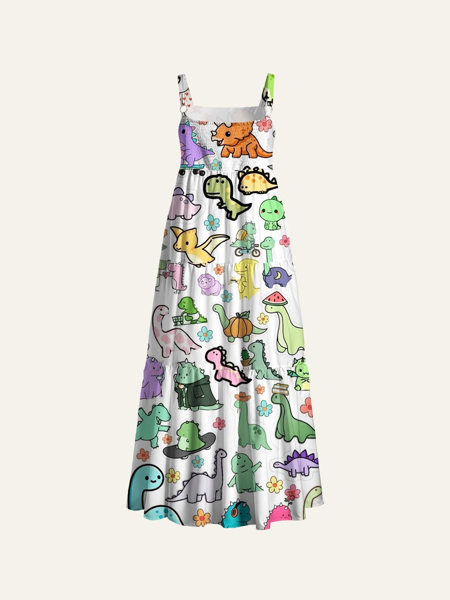 Cute Cartoon Dino Adjustable Wide Straps Maxi Dress
