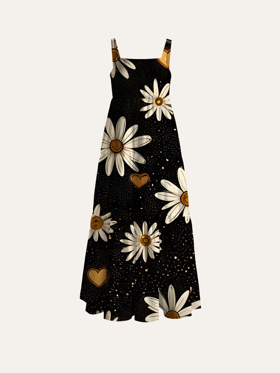 Vintage Boho Daisy Adjustable Wide Straps Maxi Dress
