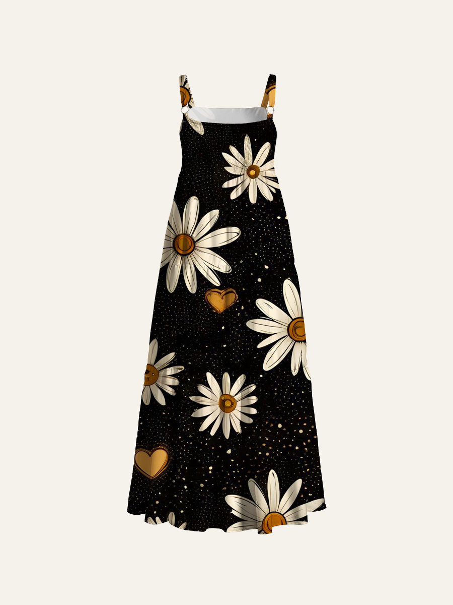 Vintage Boho Daisy Adjustable Wide Straps Maxi Dress