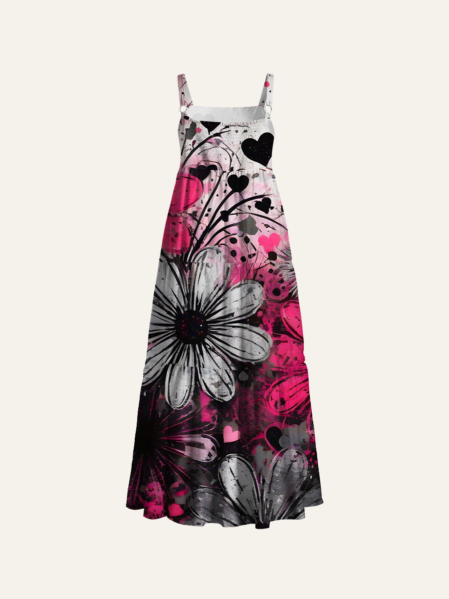 Edgy Magenta Flower Adjustable Wide Straps Maxi Dress