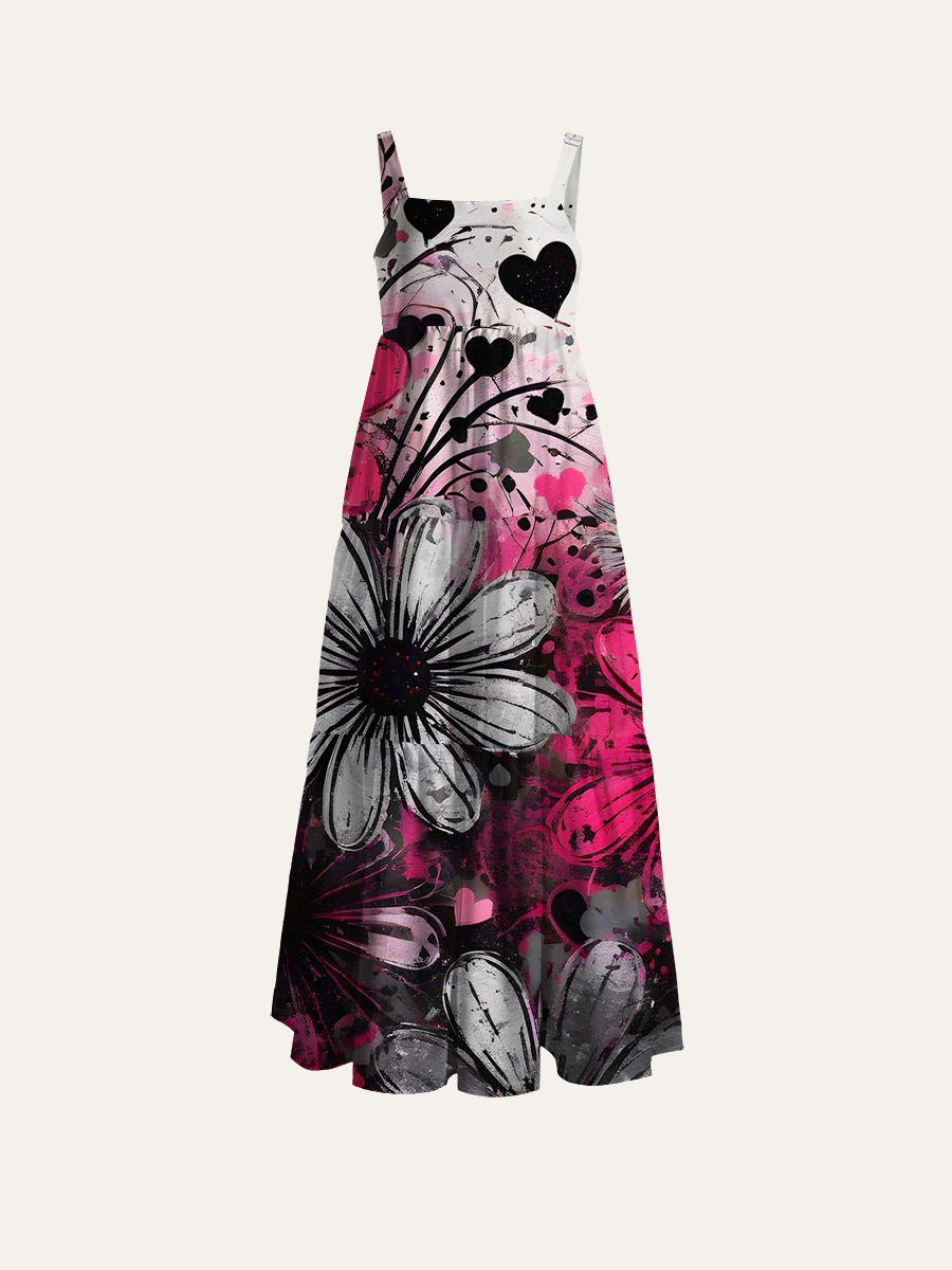 Edgy Magenta Flower Adjustable Wide Straps Maxi Dress