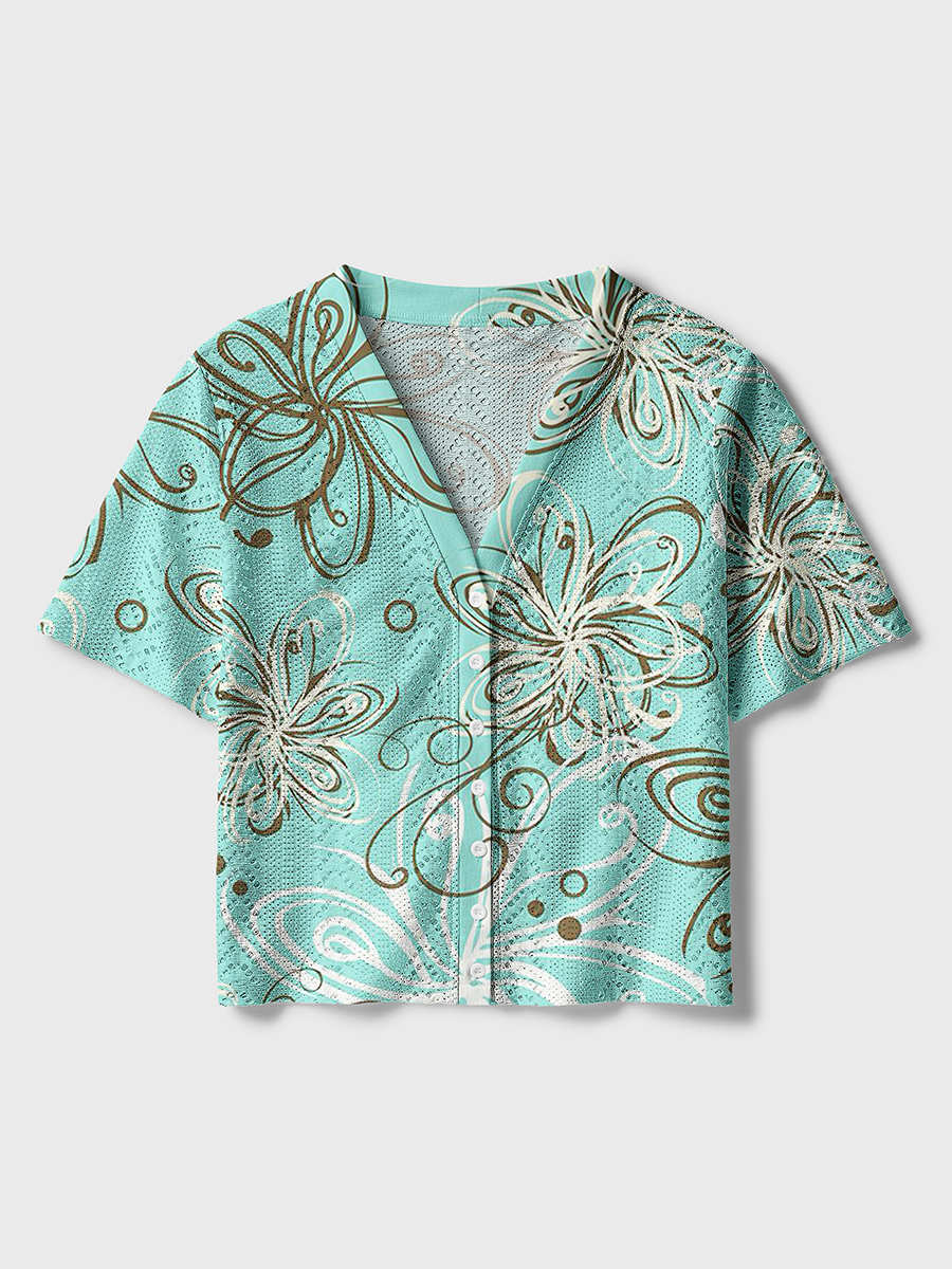 Mint Green Abstract Floral Crochet Button Down Cardigan