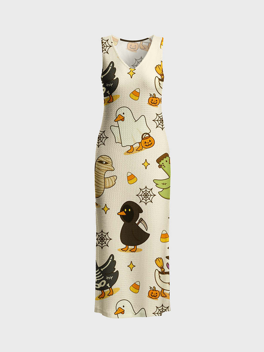 Vintage Cute Cartoon Duck Halloween Open Stitch Midi Dress