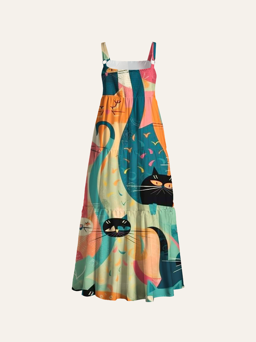 Mid-Century Cat Party Adjustable Wide Straps Maxi Dress