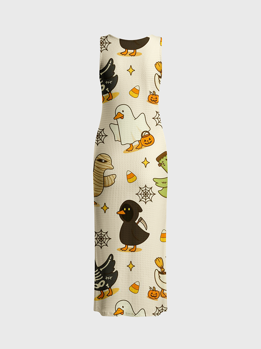 Vintage Cute Cartoon Duck Halloween Open Stitch Midi Dress