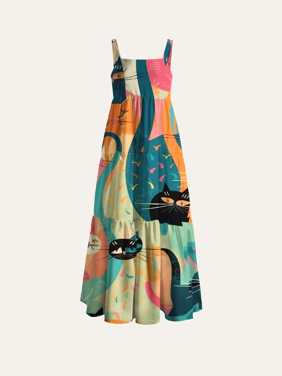 Mid-Century Cat Party Adjustable Wide Straps Maxi Dress