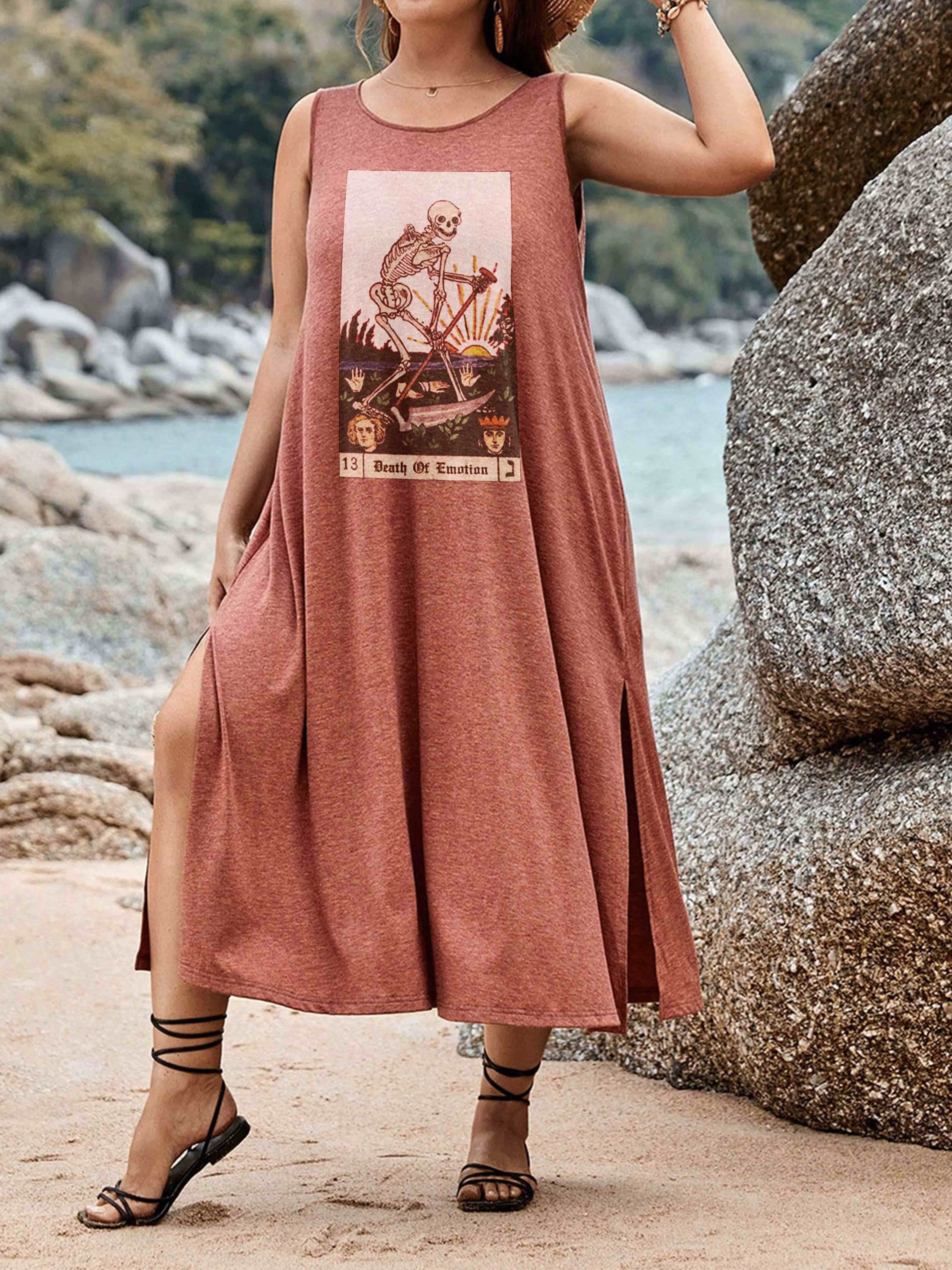 Death Skeleton Tarot Card Split Thigh Tank Dress