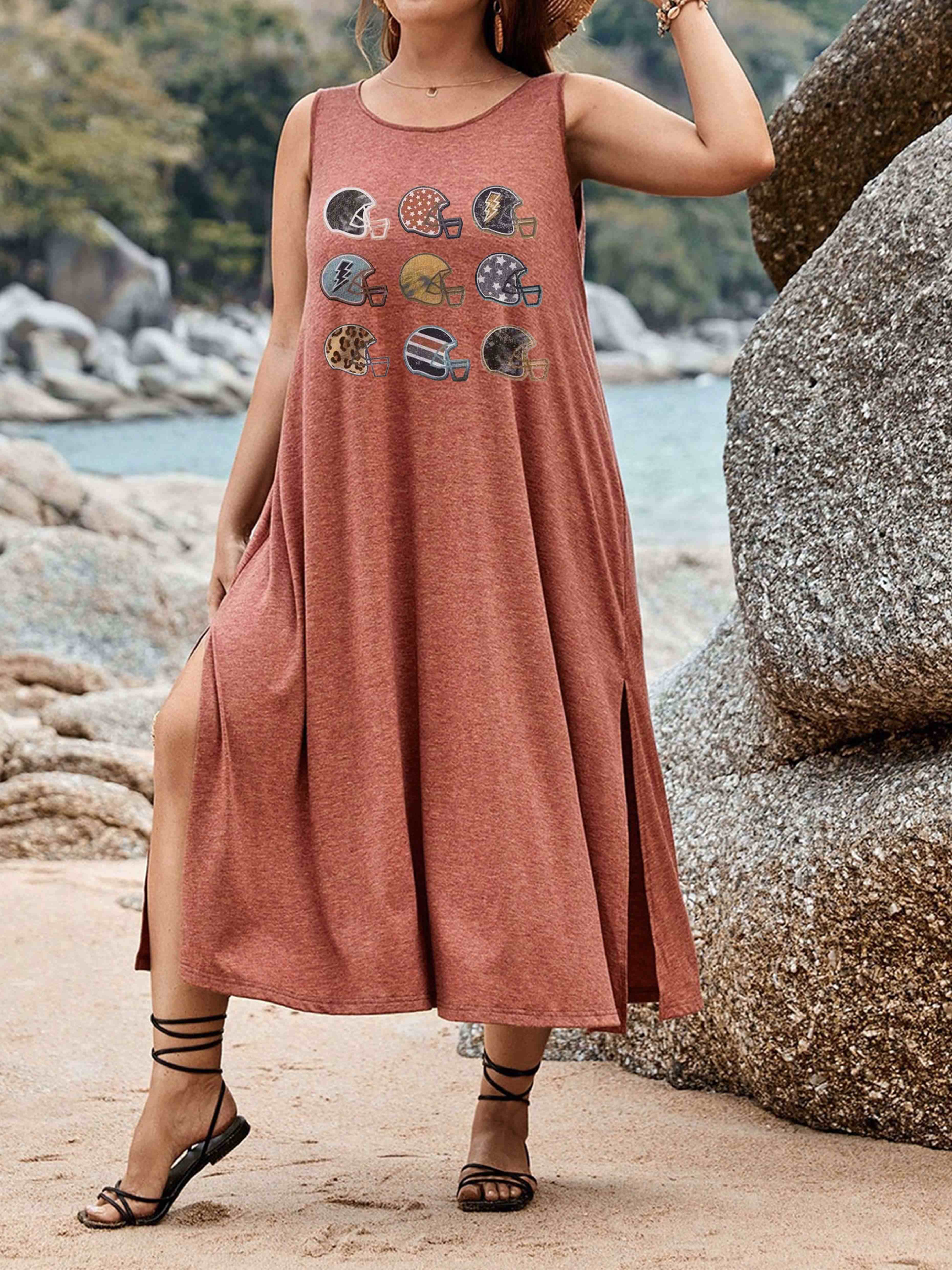 Game Day Football Helmet Collection Graphic Split Thigh Tank Dress