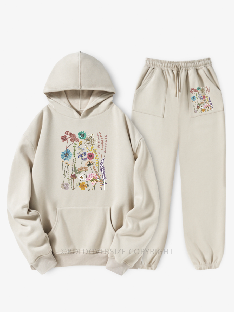 Vintage Pressed Flowers Hoodie Suit