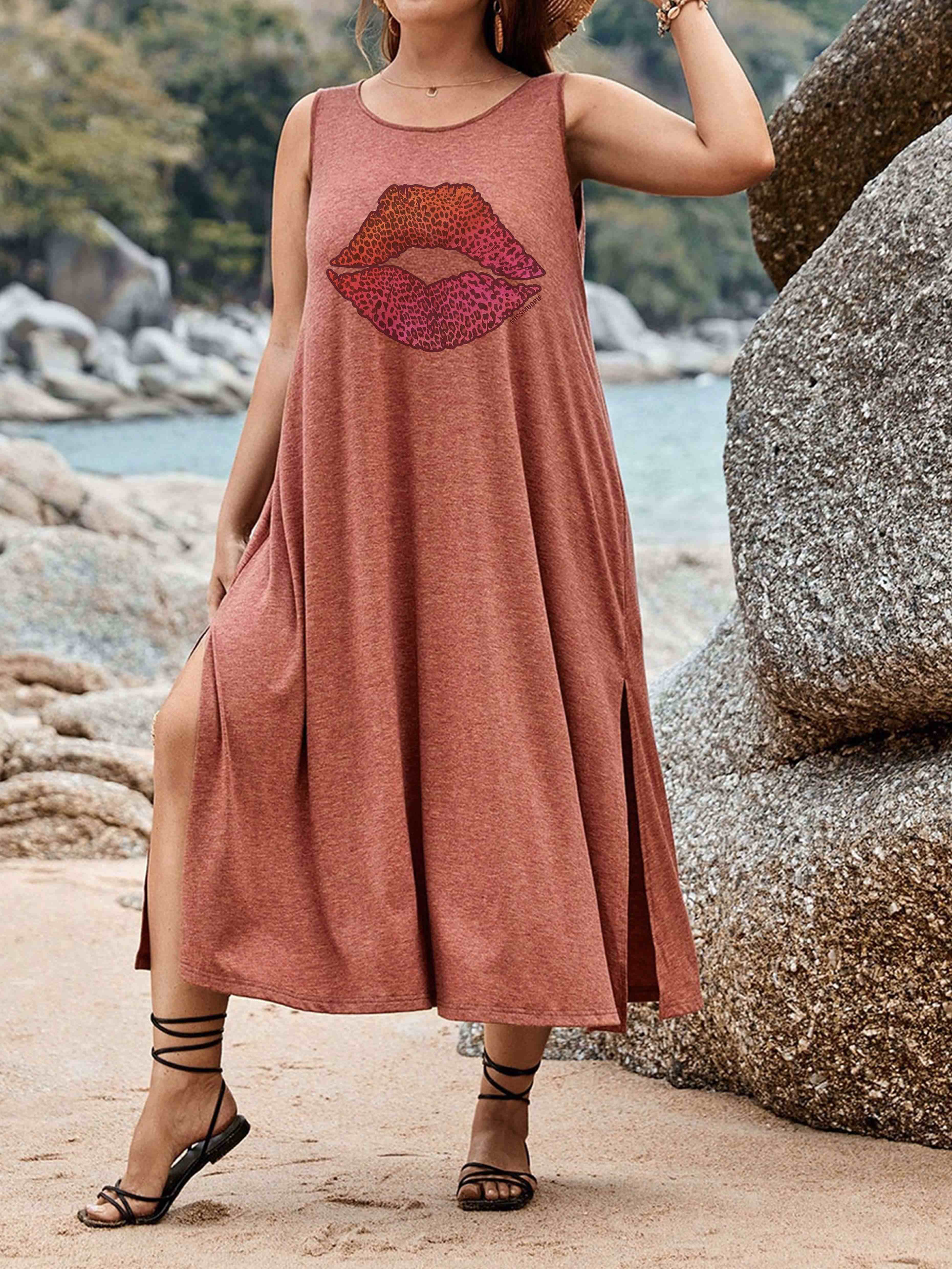 Leopard Sunset Kiss Lips Split Thigh Tank Dress