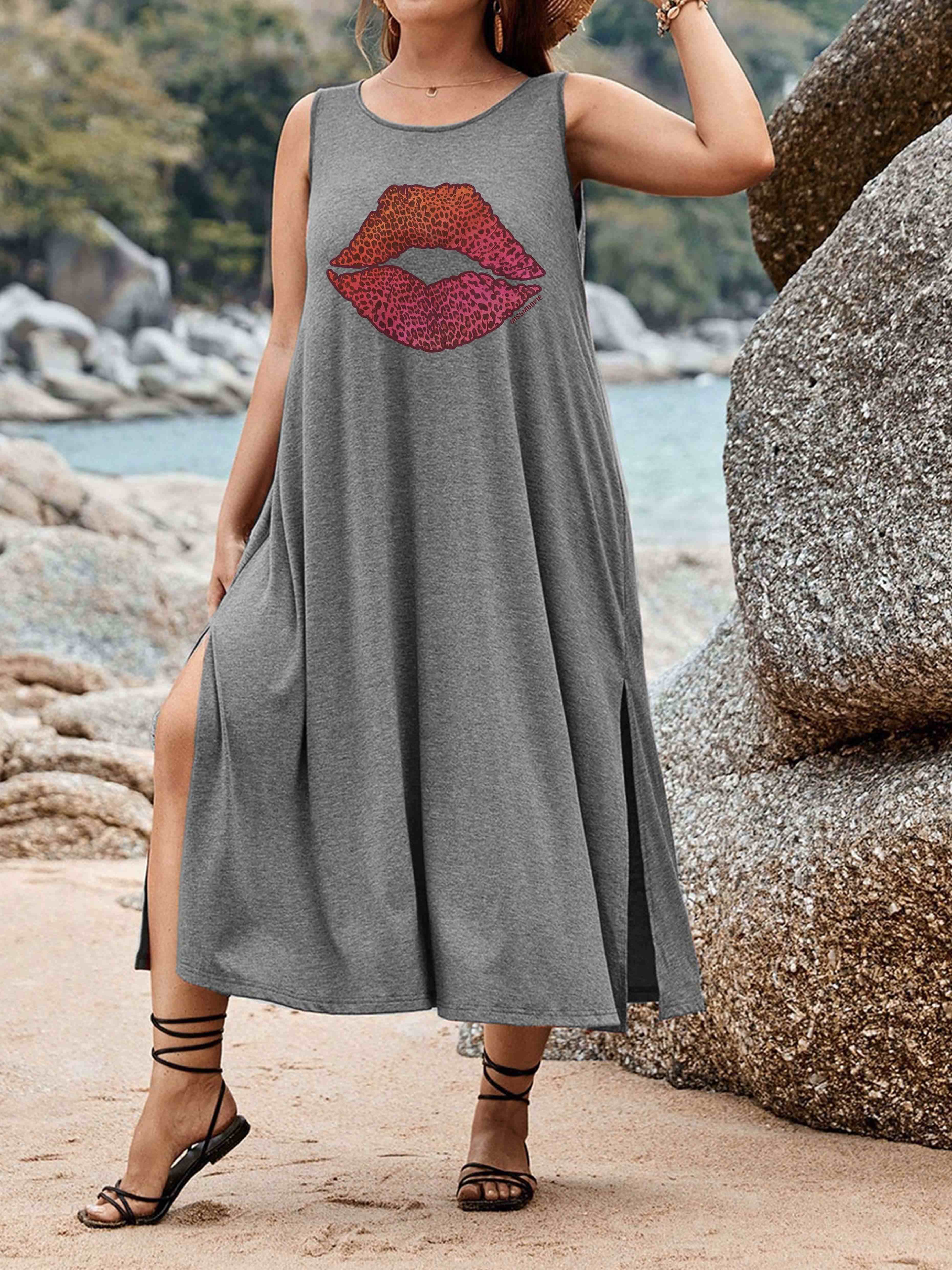 Leopard Sunset Kiss Lips Split Thigh Tank Dress