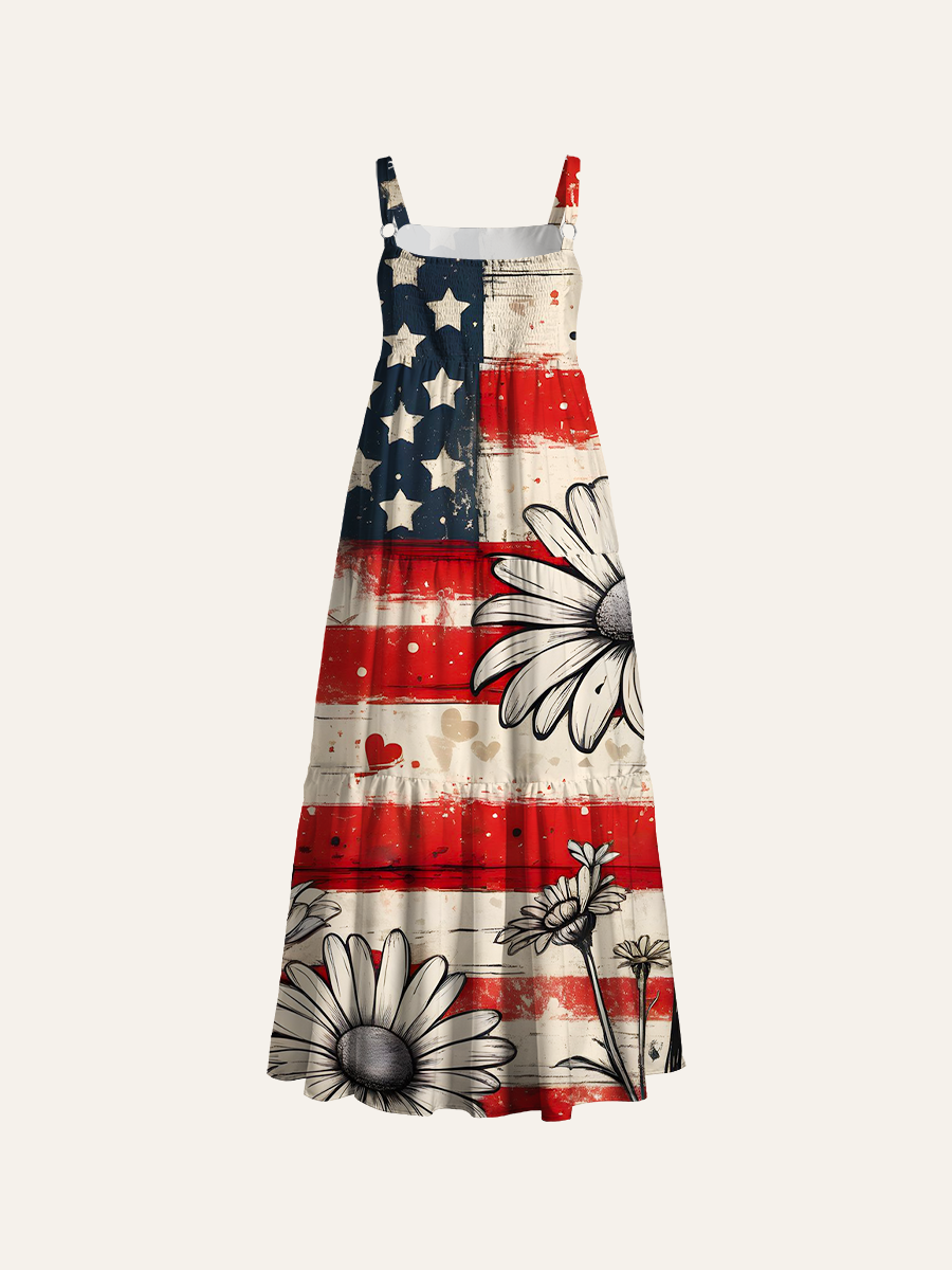 Vintage American Flag Daisy Adjustable Wide Straps Maxi Dress