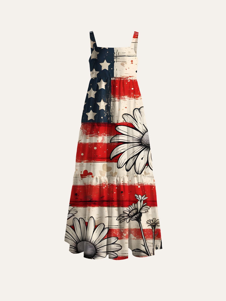 Vintage American Flag Daisy Adjustable Wide Straps Maxi Dress