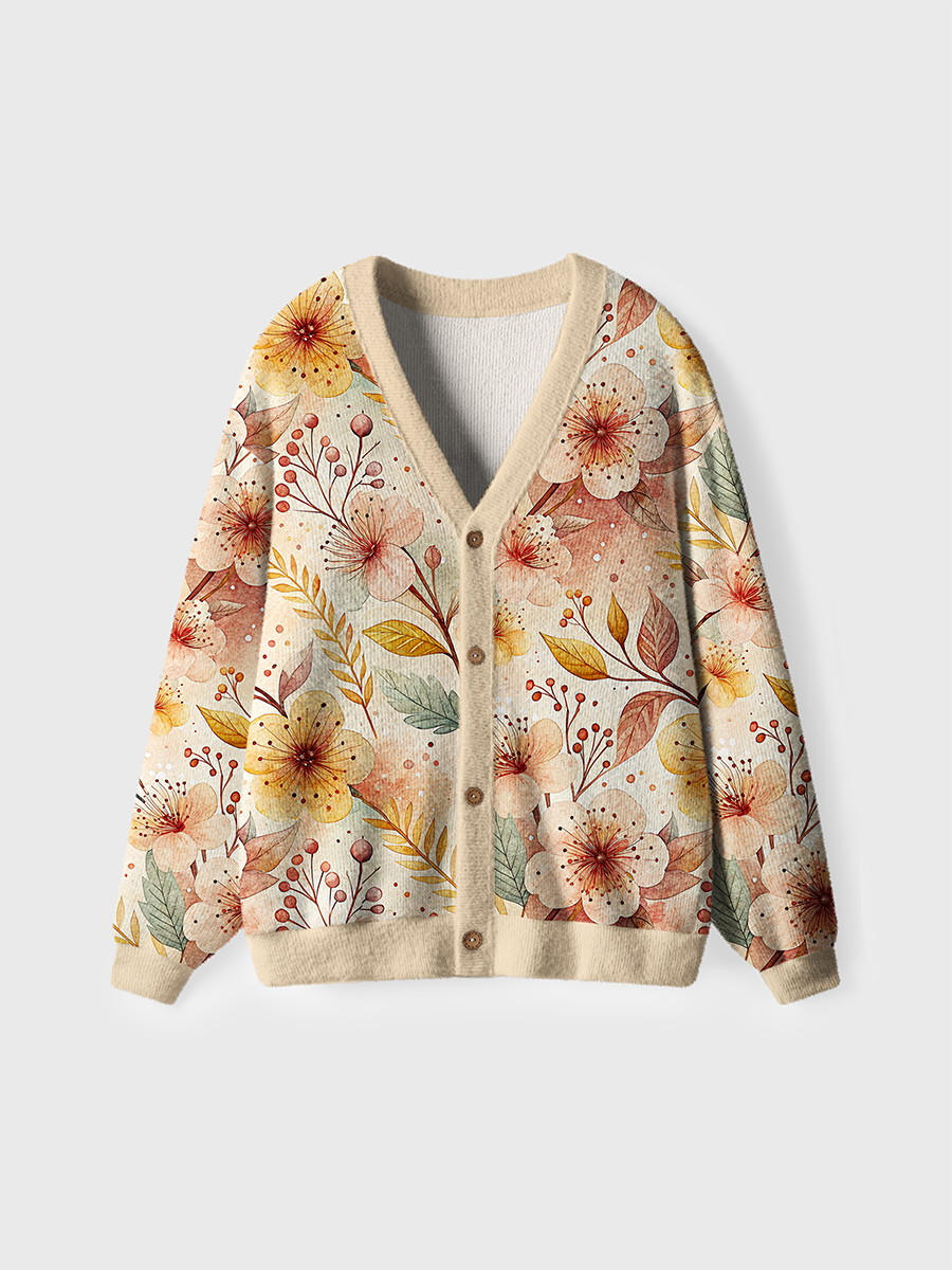 Vintage Autumn Flower Branch Pop Cardigan Sweaters