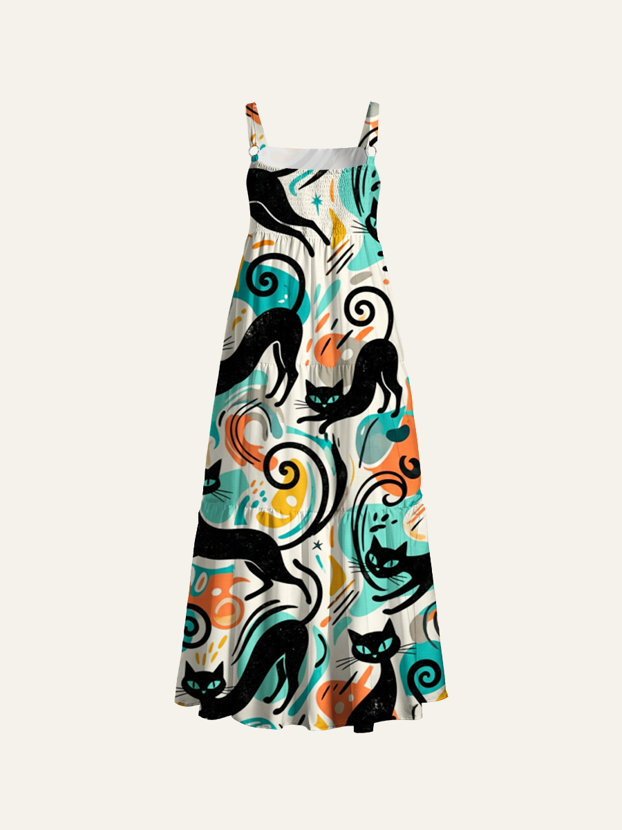 Multiple Stylized Black Cats Adjustable Wide Straps Maxi Dress