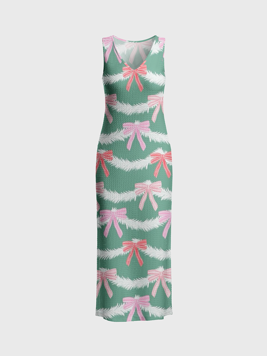 Preppy Christmas Bow Garland Open Stitch Midi Dress