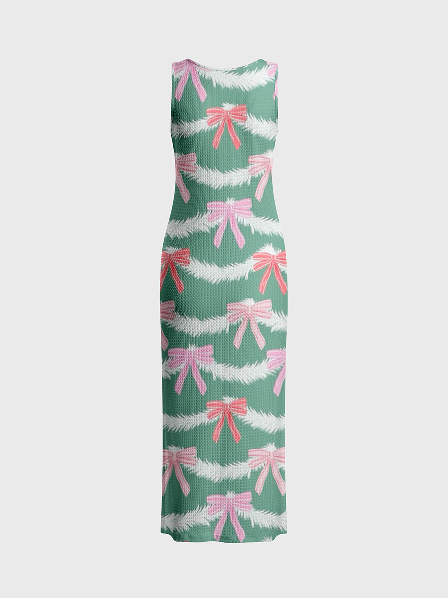 Preppy Christmas Bow Garland Open Stitch Midi Dress