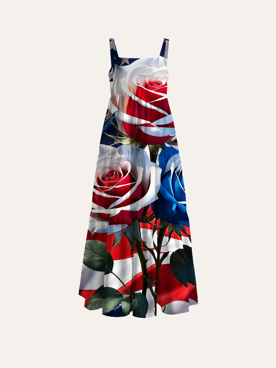 Patriotic Red White Blue Rose Adjustable Wide Straps Maxi Dress