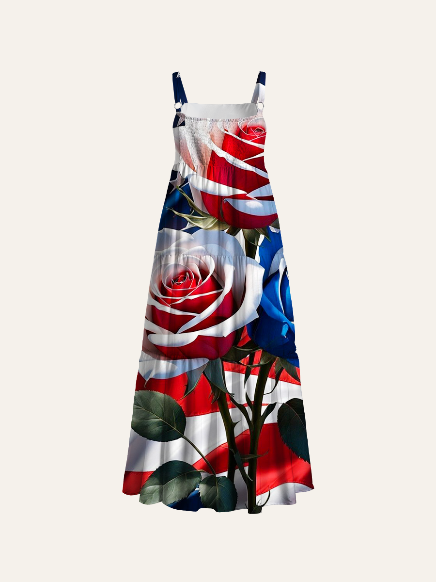 Patriotic Red White Blue Rose Adjustable Wide Straps Maxi Dress