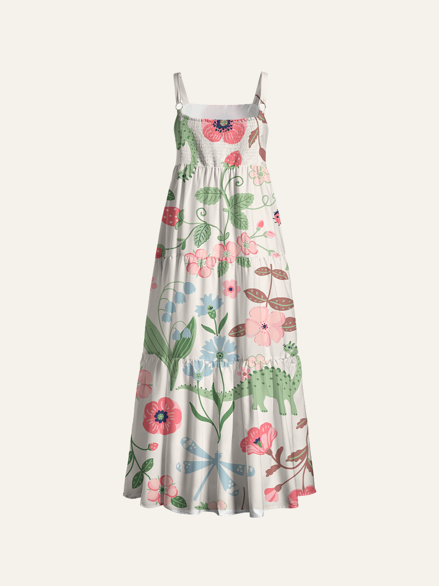 Floral Dinosaur Cottagecore Adjustable Wide Straps Maxi Dress