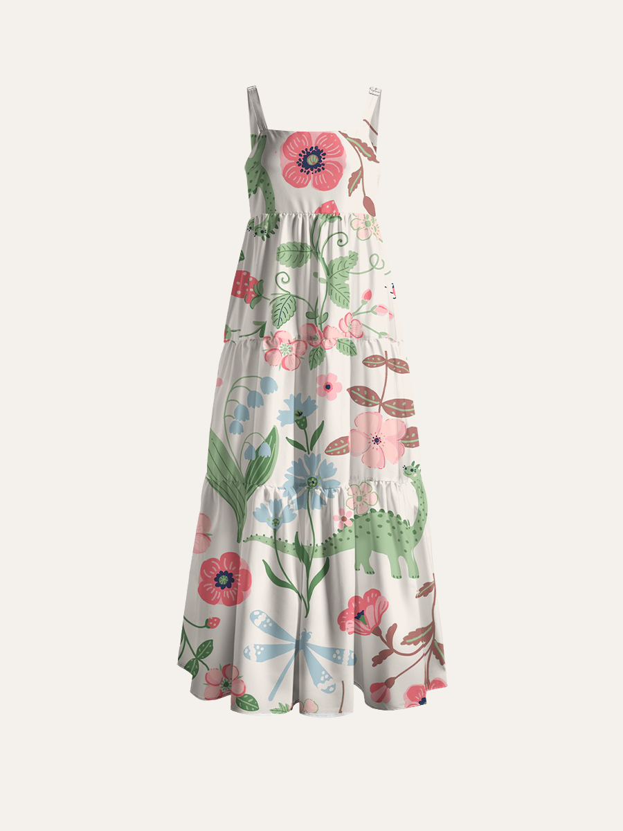 Floral Dinosaur Cottagecore Adjustable Wide Straps Maxi Dress