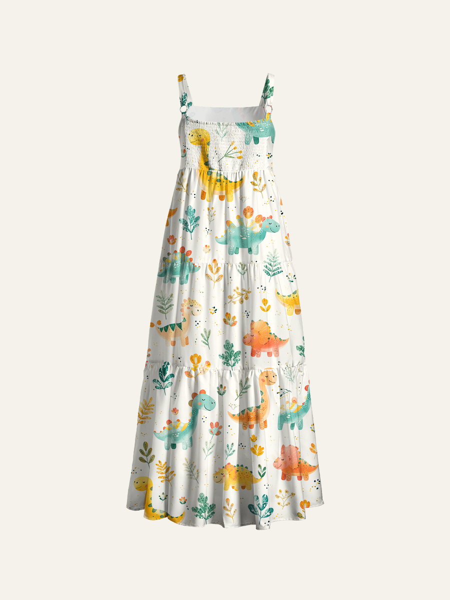 Whimsical Boho Dino Adjustable Wide Straps Maxi Dress