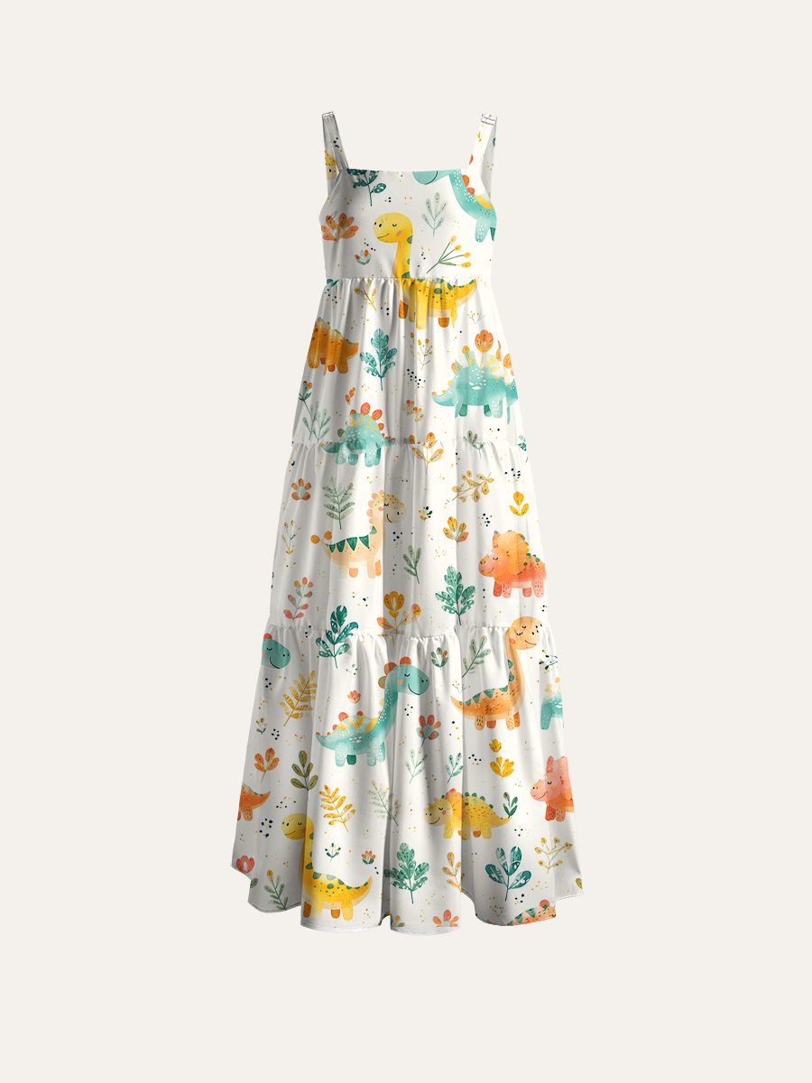 Whimsical Boho Dino Adjustable Wide Straps Maxi Dress