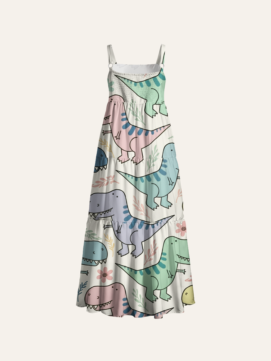 Minimalist Doodle Dinosaur Adjustable Wide Straps Maxi Dress